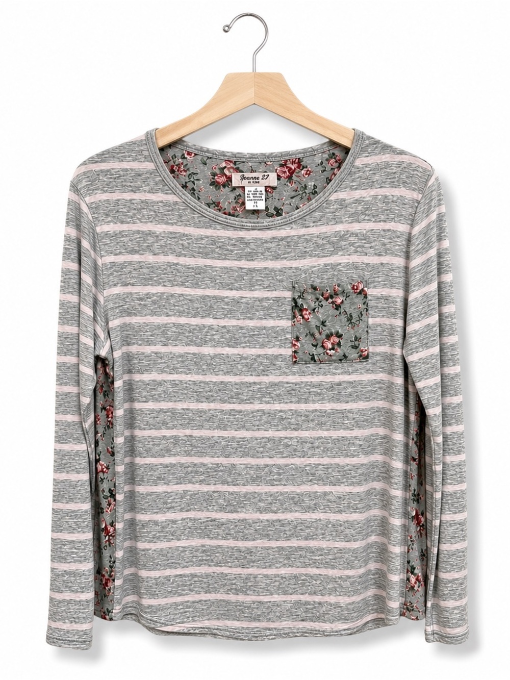 Forever 21 Girls Grey Pink Striped Floral Mixed Media Long Sleeve Top Size 13/14